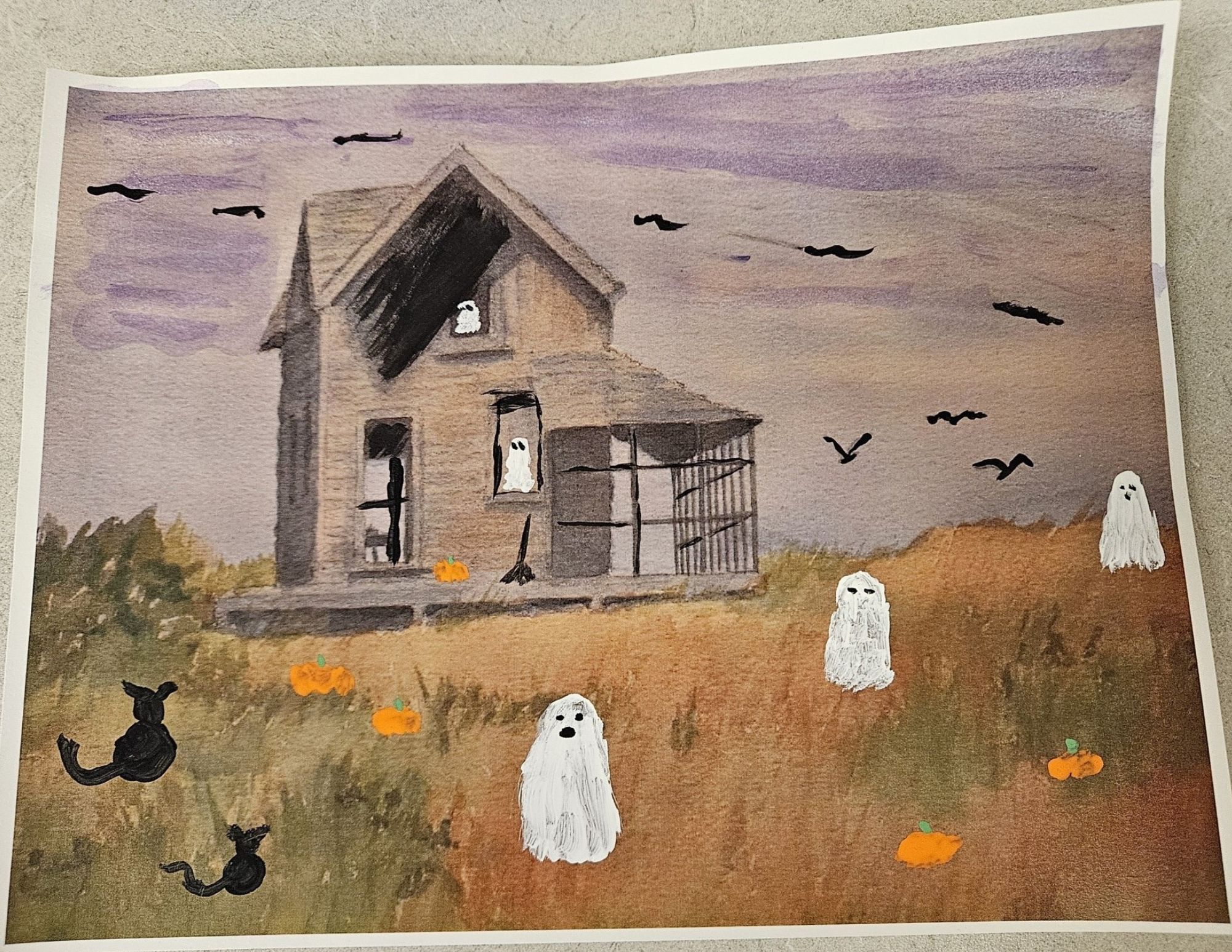 Sample painting for Ghost Painting class, featuring ghosts, bats, pumpkins, and bats added to a landscape painting