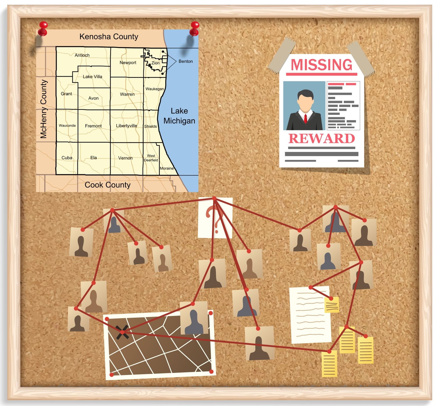 Crime board featuring a map of Lake County, IL 